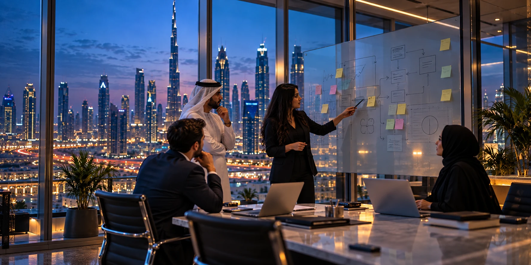 Consultants and a client leadership team reviewing an AI roadmap on a glass wall in a Dubai office at dusk
