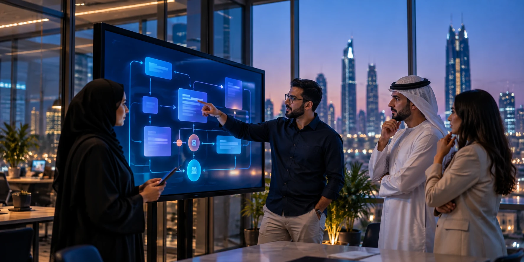 AI engineer joining a UAE product team standup, pointing at a shared screen showing an LLM workflow diagram