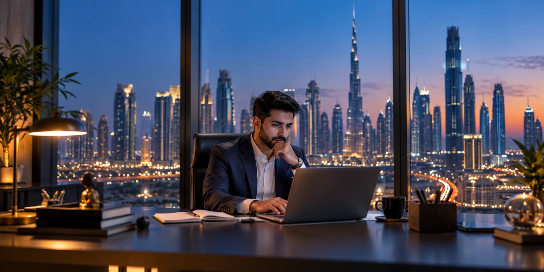 Dubai technology leader reviewing AI engineer candidate profiles on a laptop in an office at dusk