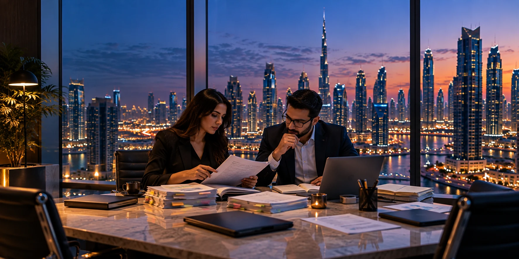 Procurement lead and technical reviewer comparing vendor evidence documents at a conference table in Dubai