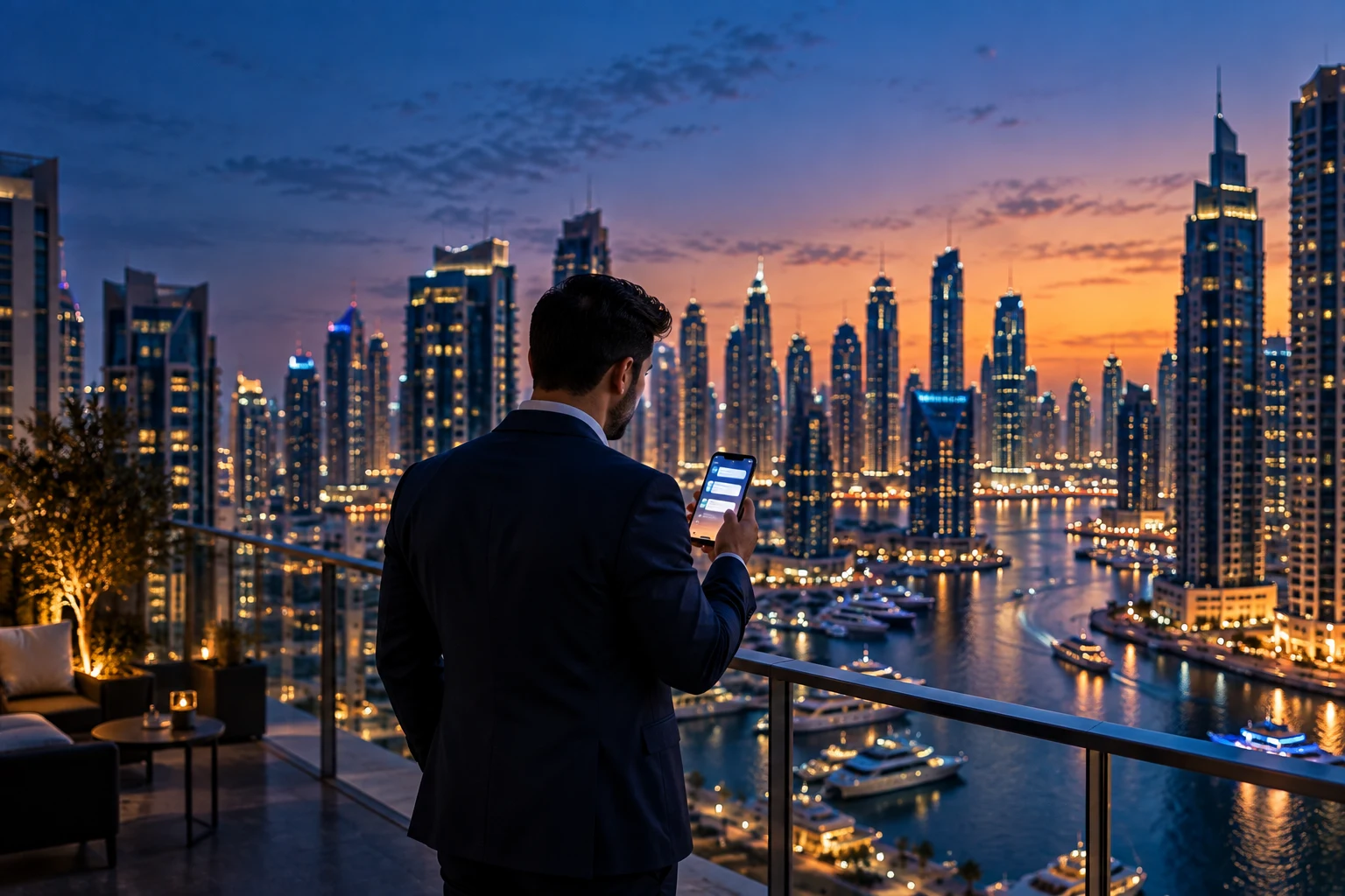 Dubai real estate broker checking new property enquiries on a phone at blue hour