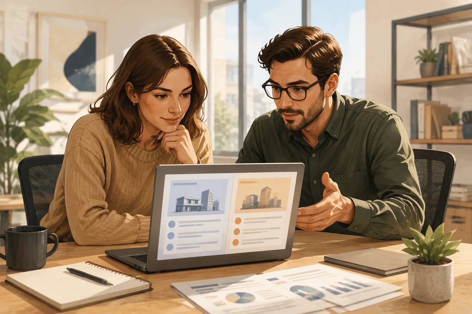 Two colleagues comparing in-house versus agency vendor proposals on a laptop at a modern office desk