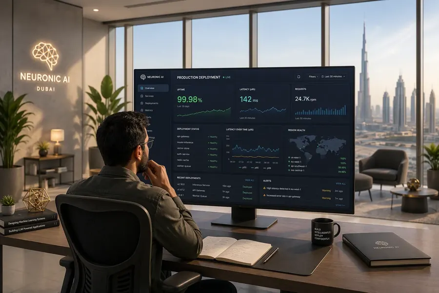 An AI engineering lead reviews a live production deployment dashboard with uptime and latency metrics on a monitor in a Dubai tech office