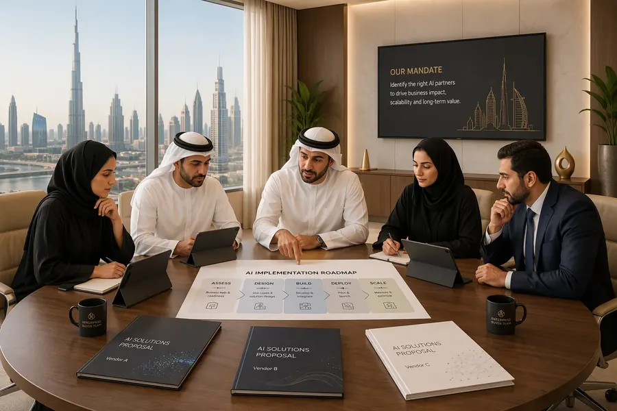 A UAE enterprise buyer team evaluates AI vendor proposals around a table in a Dubai boardroom, reviewing a printed roadmap document