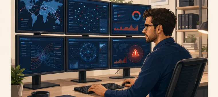 Security dashboard showing a network of connected entities with one flagged node under investigation