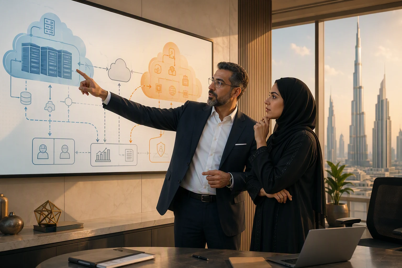 Bank CIO and colleague reviewing cloud architecture diagrams on a wall screen