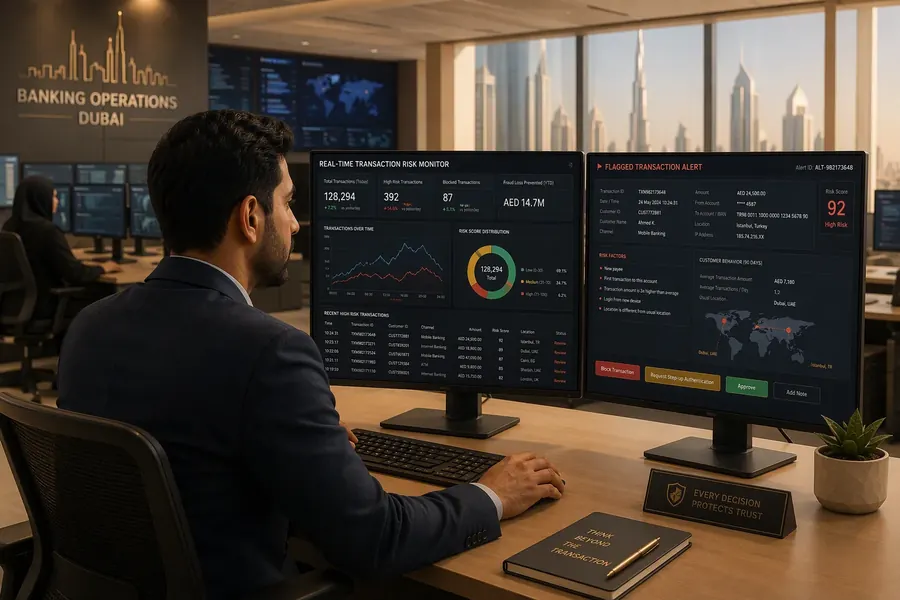 Banking fraud analyst reviewing real-time transaction scores on a dual-monitor dashboard in a Dubai office