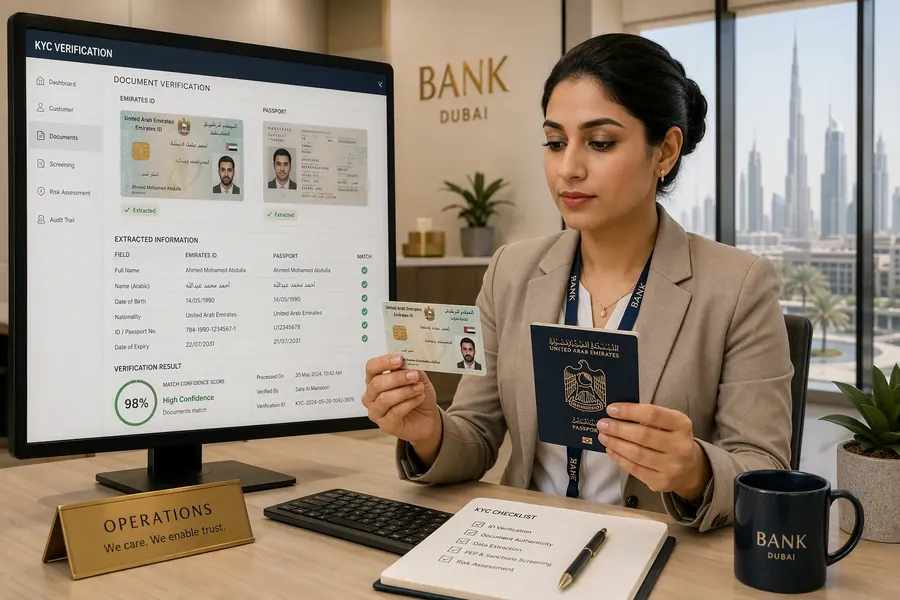 Banking operations team reviewing AI-extracted document data from an Emirates ID and passport on a verification dashboard