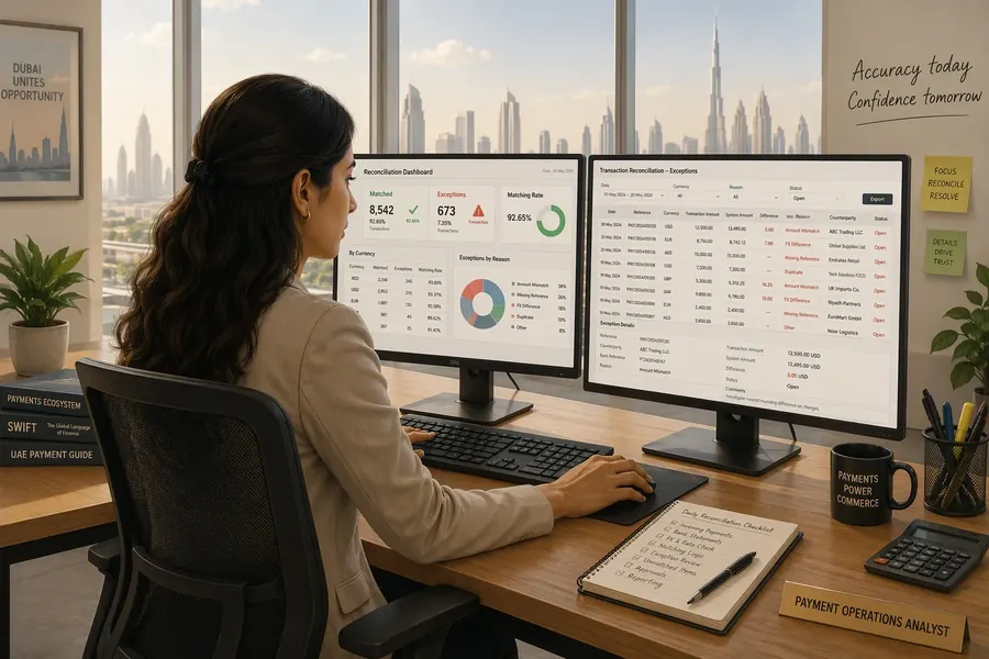 Payment operations analyst reconciling multi-currency transactions across two monitors showing a matched-vs-exception ledger dashboard