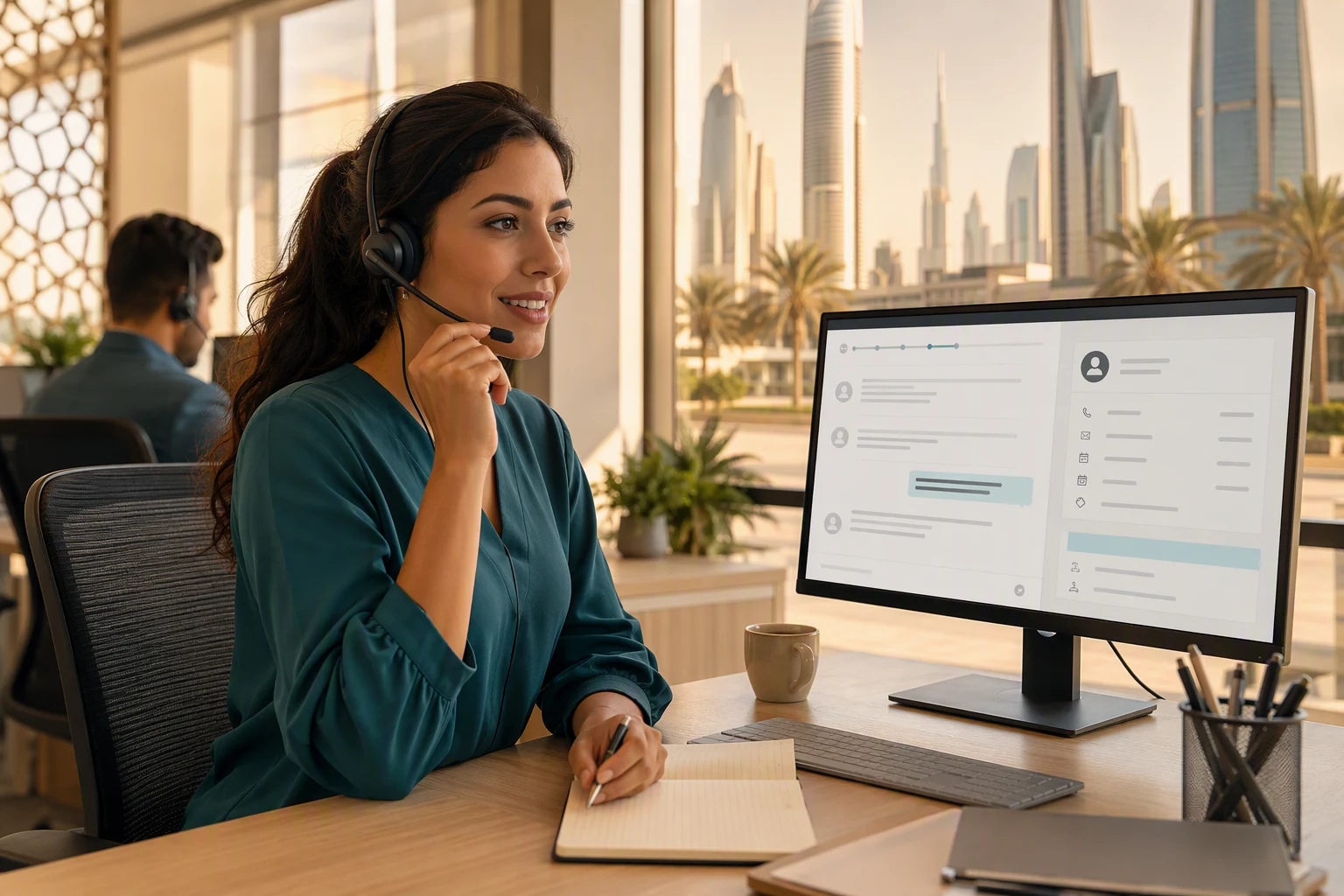 Customer service agent in a Dubai office taking over a handed-off call, with the conversation transcript and caller details already on screen so the caller does not repeat themselves