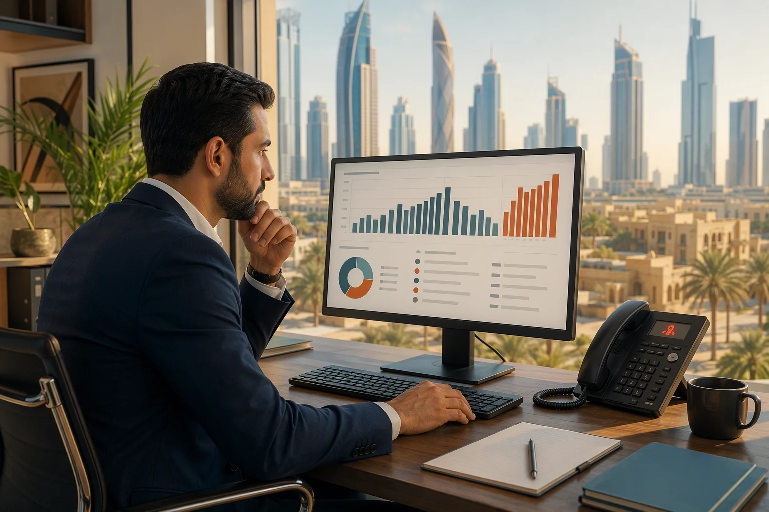 Operations manager in a Dubai office reviewing a call analytics dashboard showing calls by hour with a large block of unanswered after-hours calls highlighted