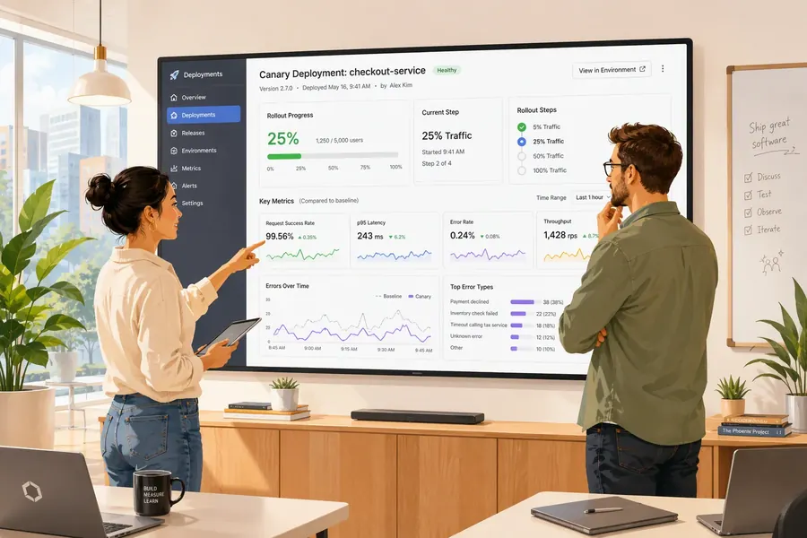 Two engineers reviewing a canary deployment rollout dashboard together on a large screen