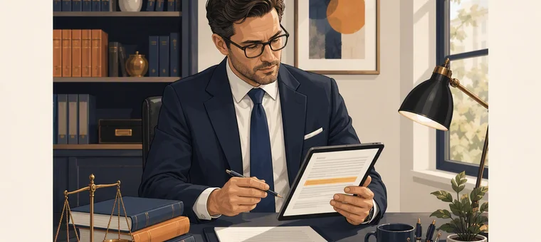 A scanned contract document with one clause flagged and magnified for review