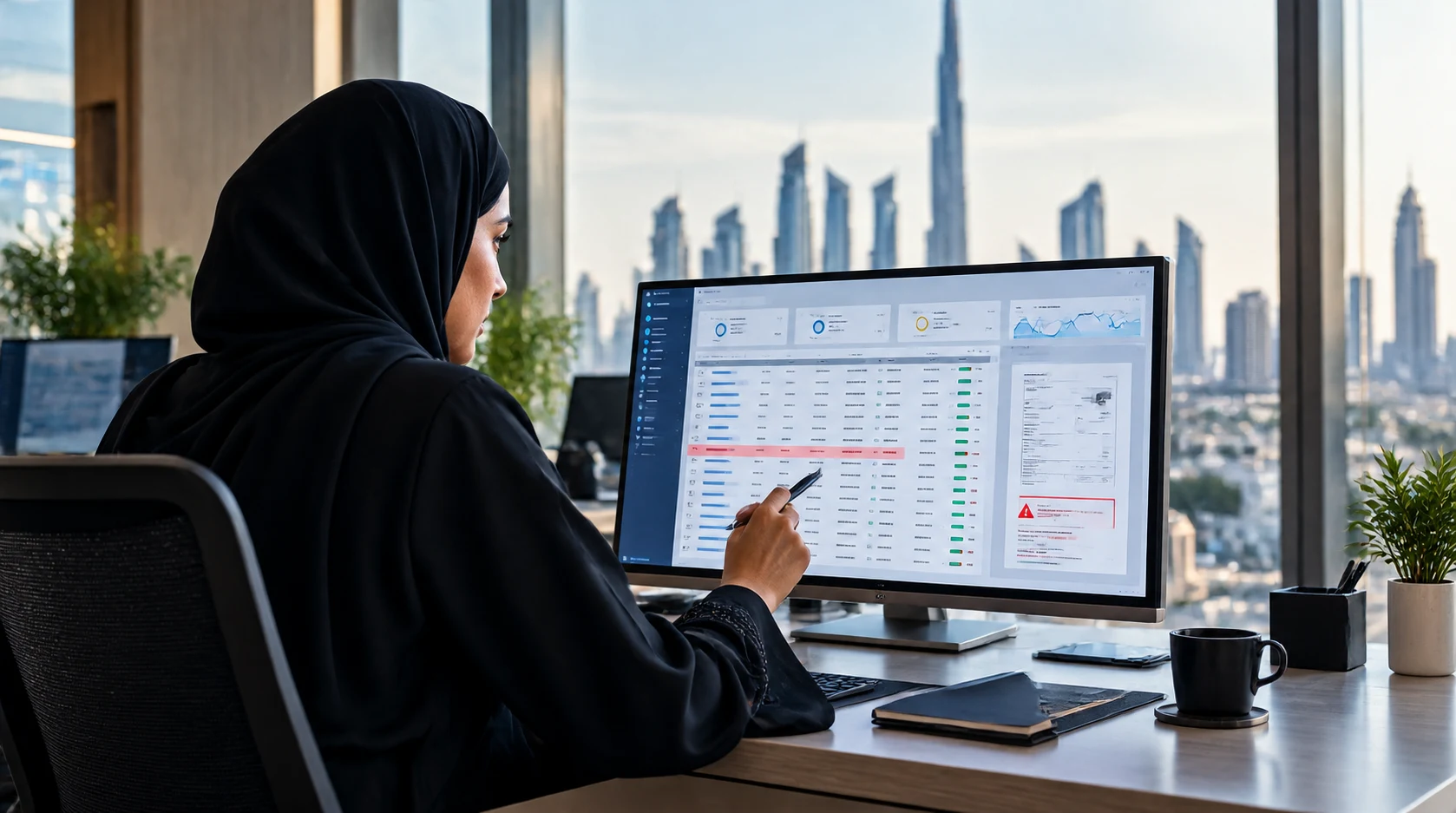 Compliance analyst reviewing AI-flagged e-invoices on a dashboard, with one row flagged for a TRN mismatch