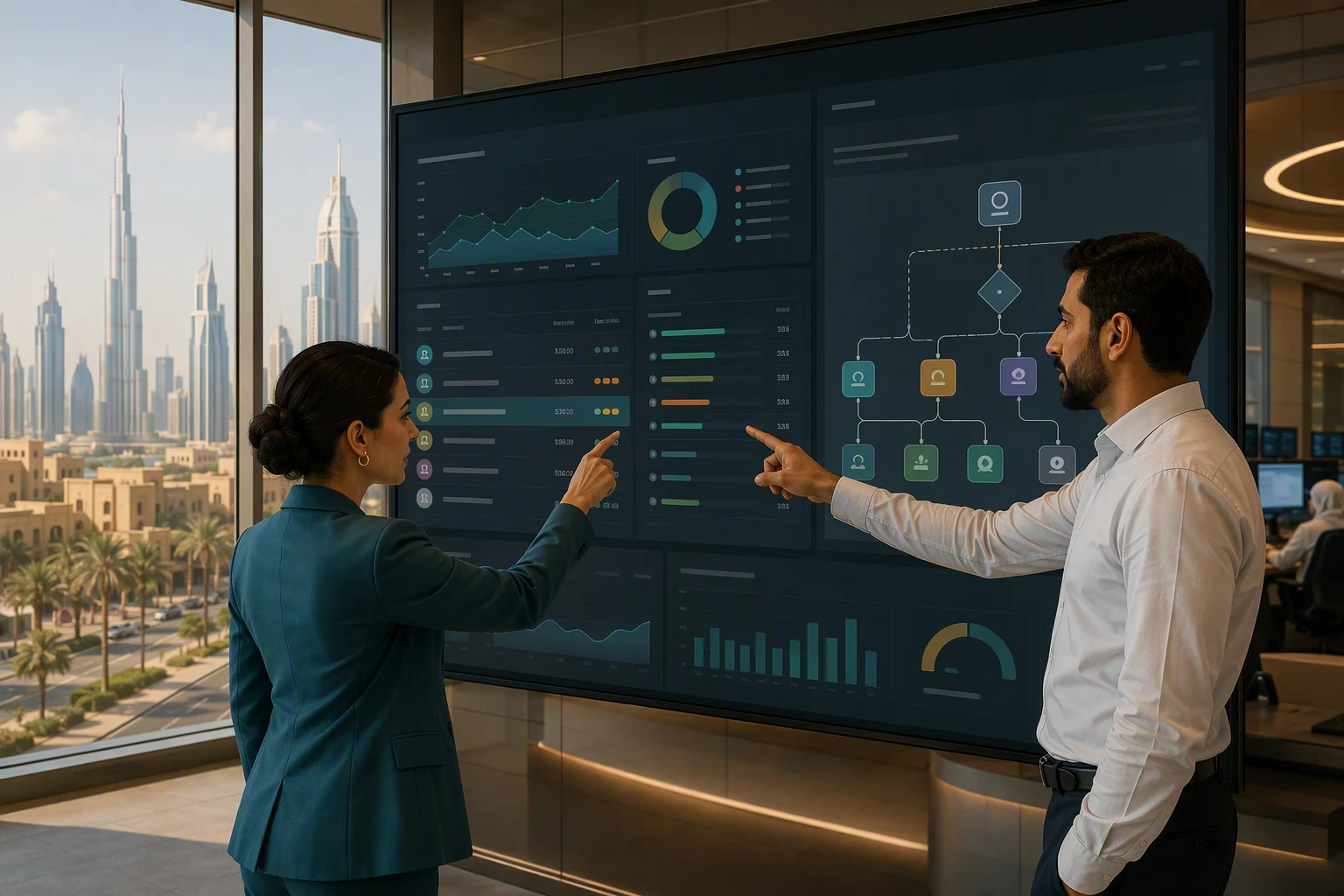 Two public sector managers reviewing a live citizen service dashboard on a wall display in a Dubai government operations room, showing request queues by department and an automatic case routing flow