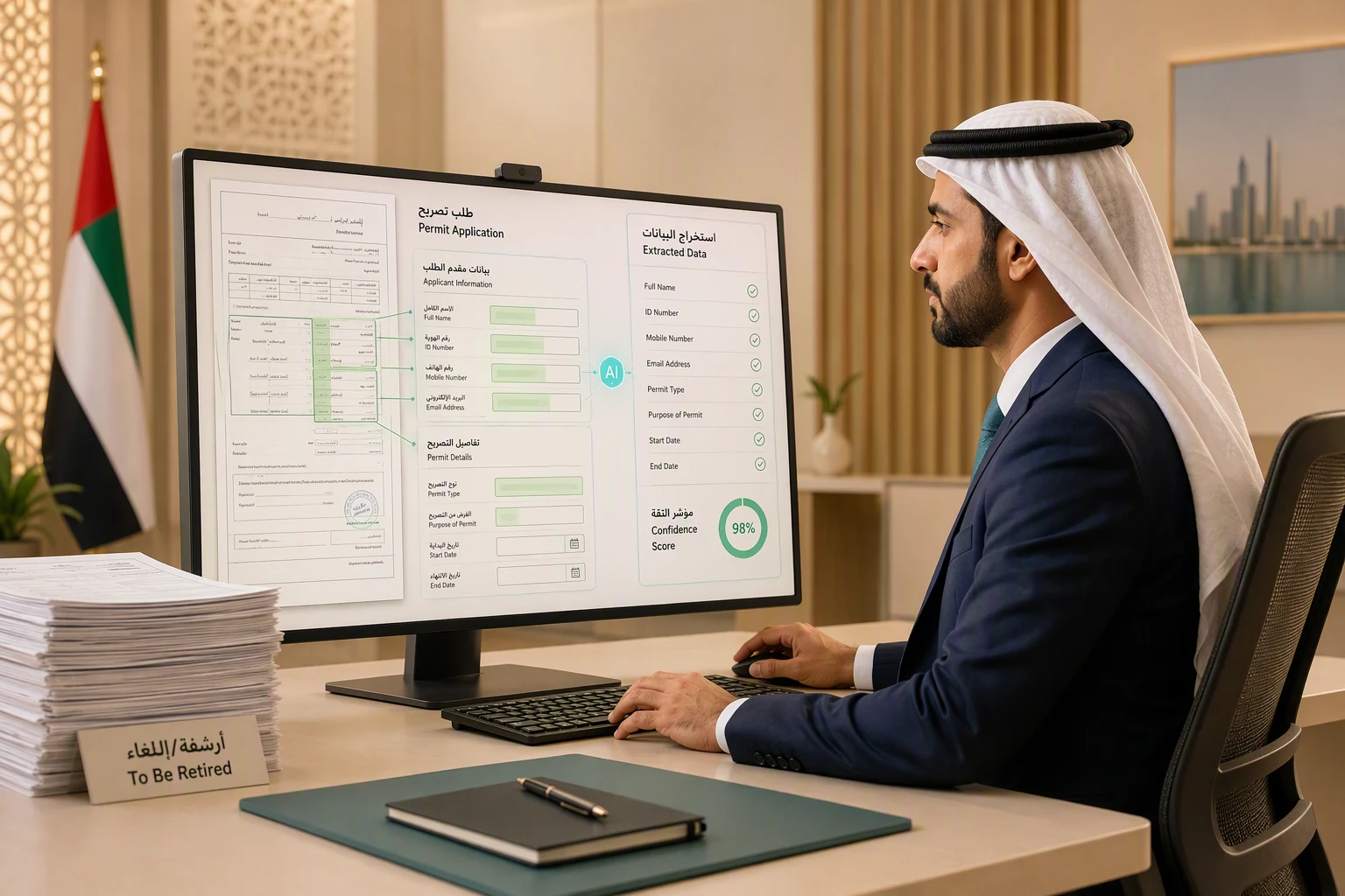 Government services officer reviewing a bilingual Arabic and English permit application on a monitor, with fields automatically extracted into a structured panel and a confidence score displayed