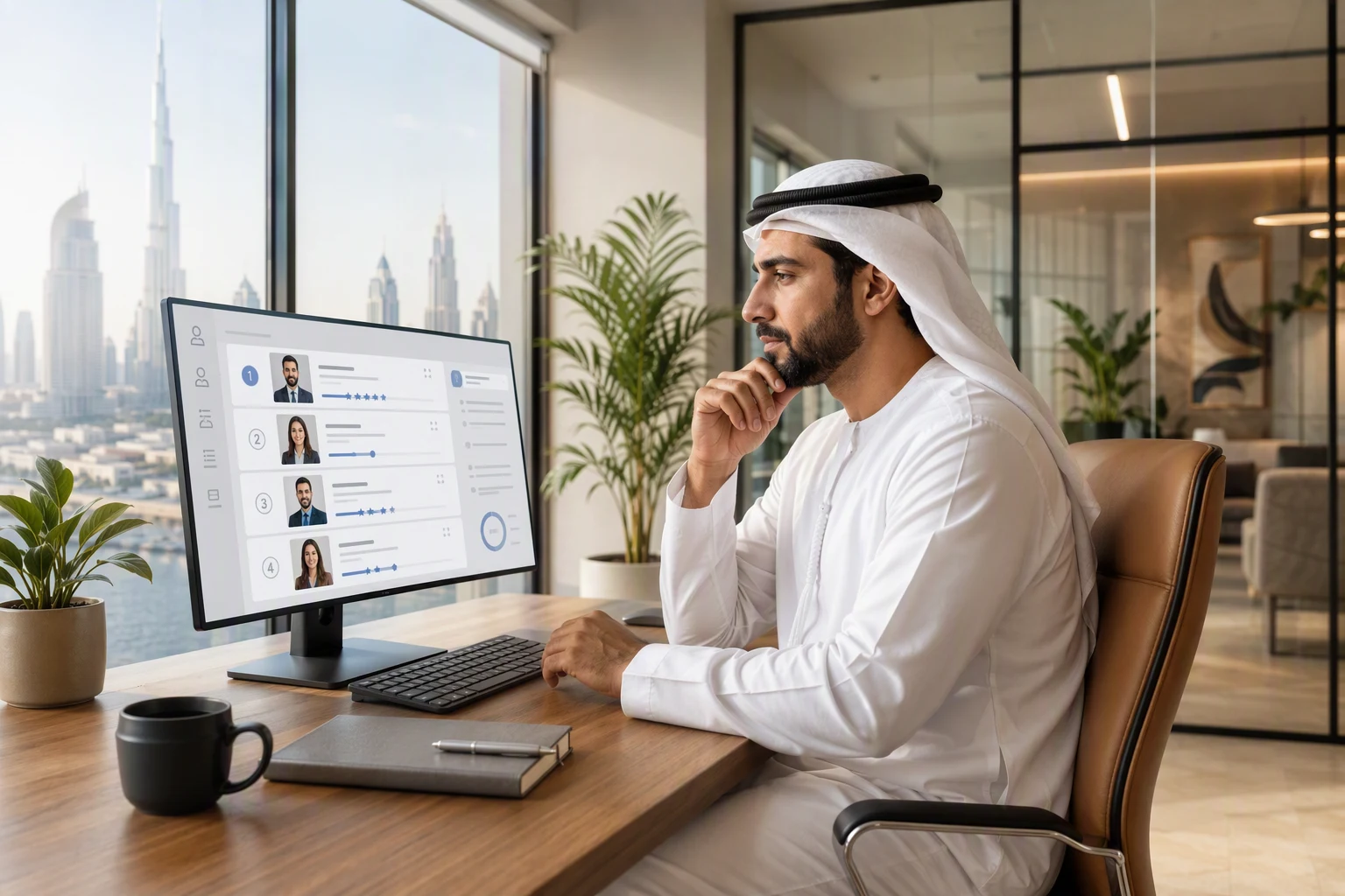 UAE HR manager reviewing a shortlist of resumes on a widescreen monitor with an AI screening dashboard showing ranked candidate cards in a modern Dubai office