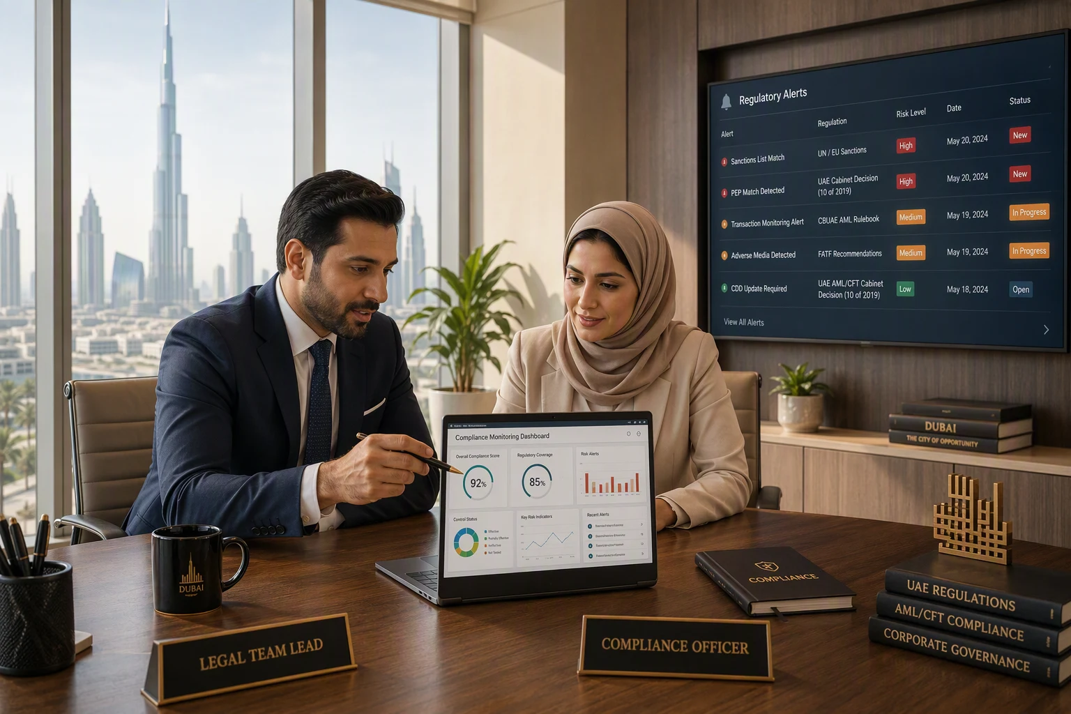 Legal team lead and compliance officer reviewing a compliance monitoring dashboard with regulatory alerts in a Dubai office