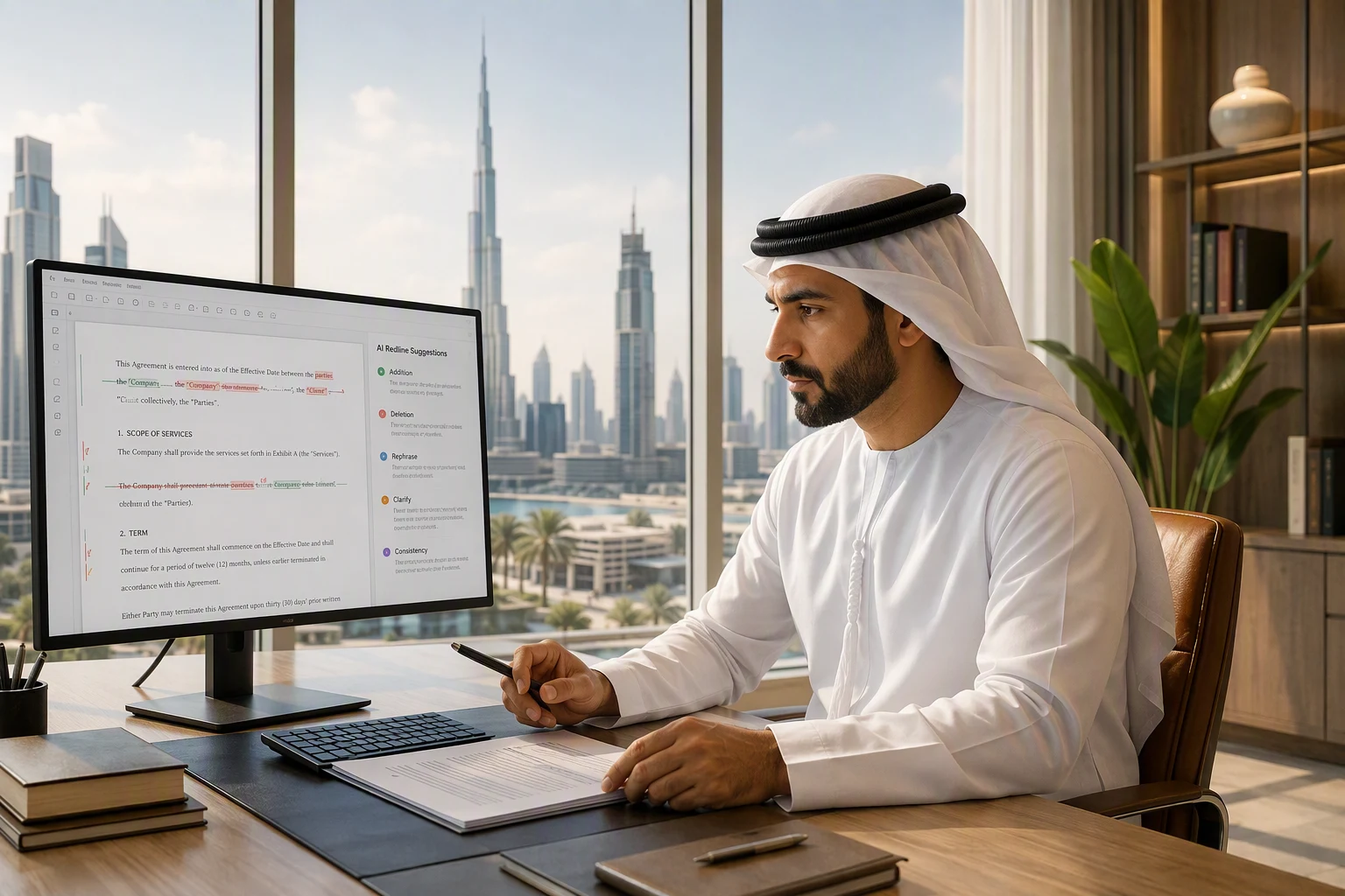 Lawyer in a Dubai office reviewing a contract on a monitor showing AI redline suggestions and tracked changes