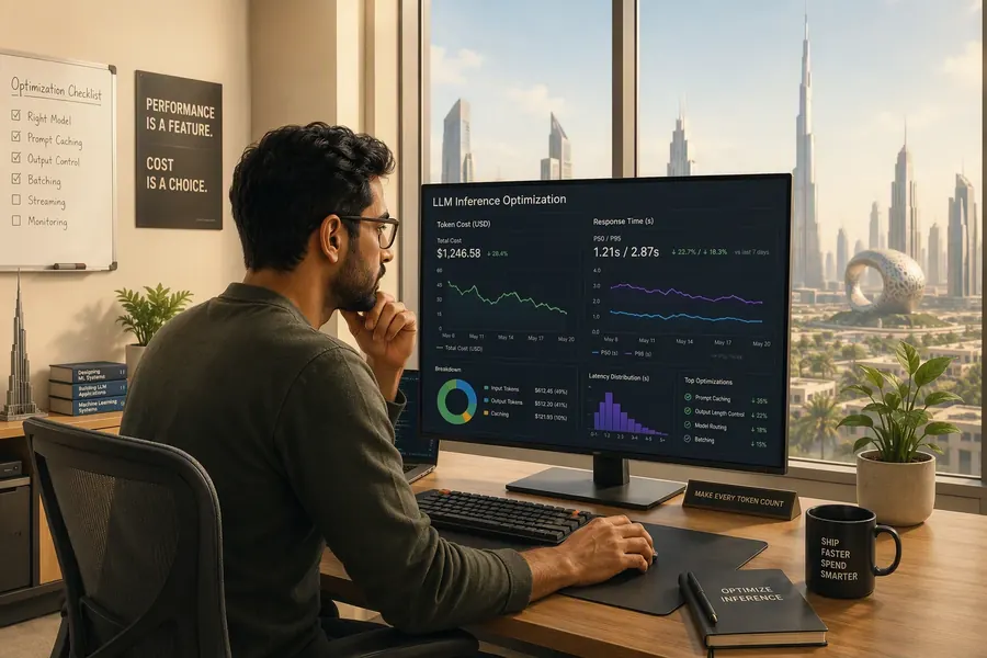 A machine learning engineer optimizes LLM inference cost and latency, reviewing token-cost and response-time graphs on a monitor