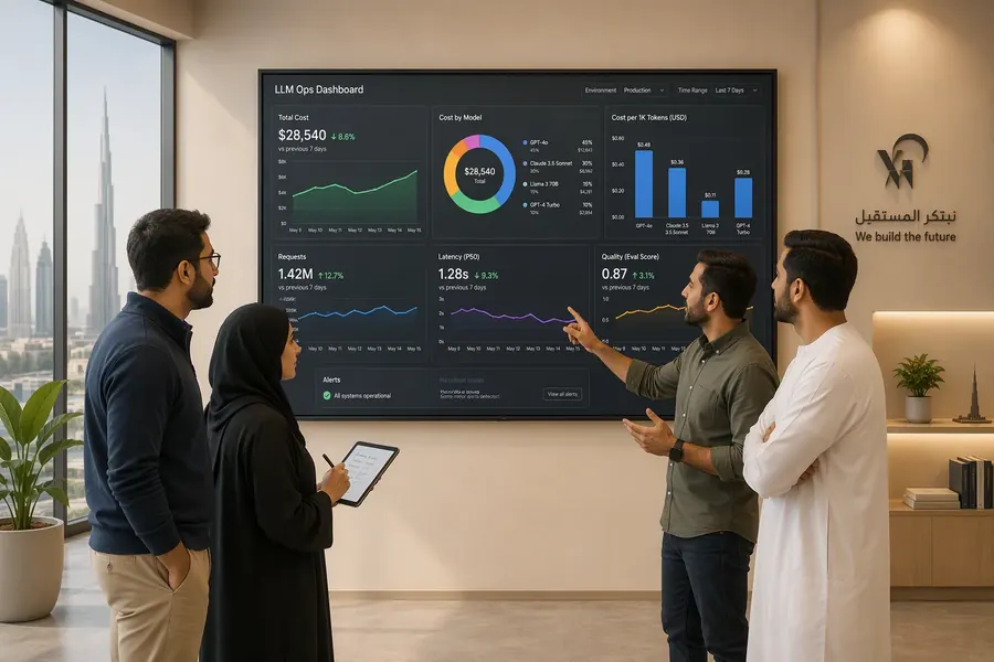 A small ML ops team monitors an LLM cost and performance dashboard together on a wall screen in a UAE tech office