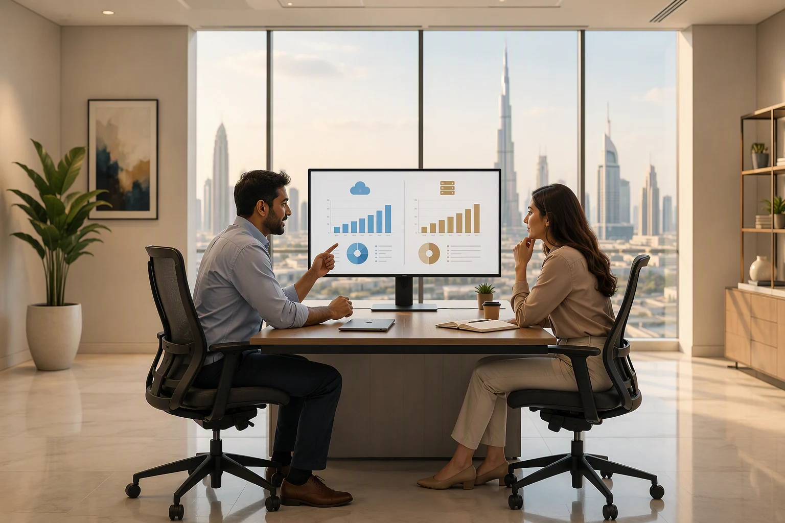 Two colleagues in a modern Dubai office reviewing a cost comparison chart of cloud API pricing against on-premise infrastructure costs on a widescreen monitor