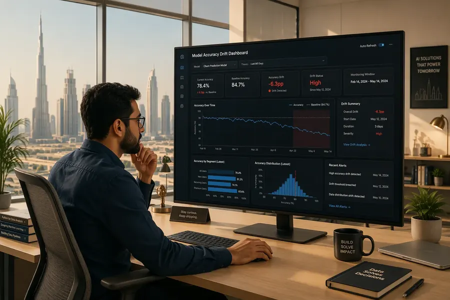 Data scientist reviewing a model accuracy drift dashboard on a large monitor in a modern office