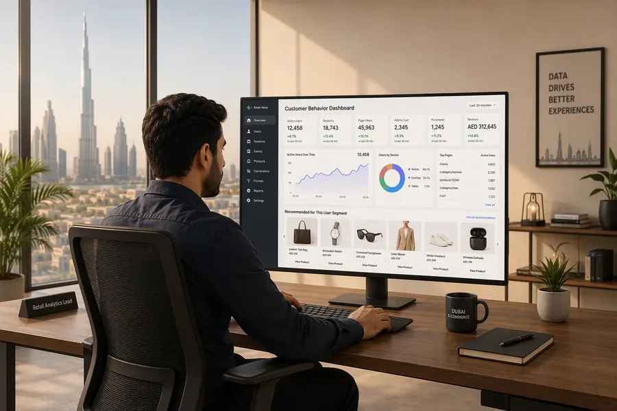 A retail analytics lead studying a real-time customer behavior dashboard with session activity and product recommendation cards on a widescreen monitor