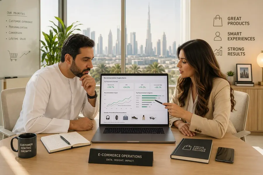 An e-commerce operations manager and a colleague reviewing a recommendation-engine vendor demo on a laptop during a meeting