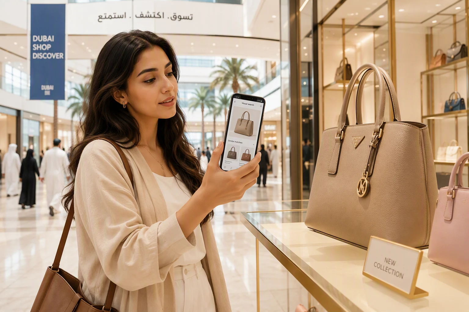 A shopper in a modern UAE shopping mall holding up a smartphone using its camera for visual search pointed at a handbag on a store display