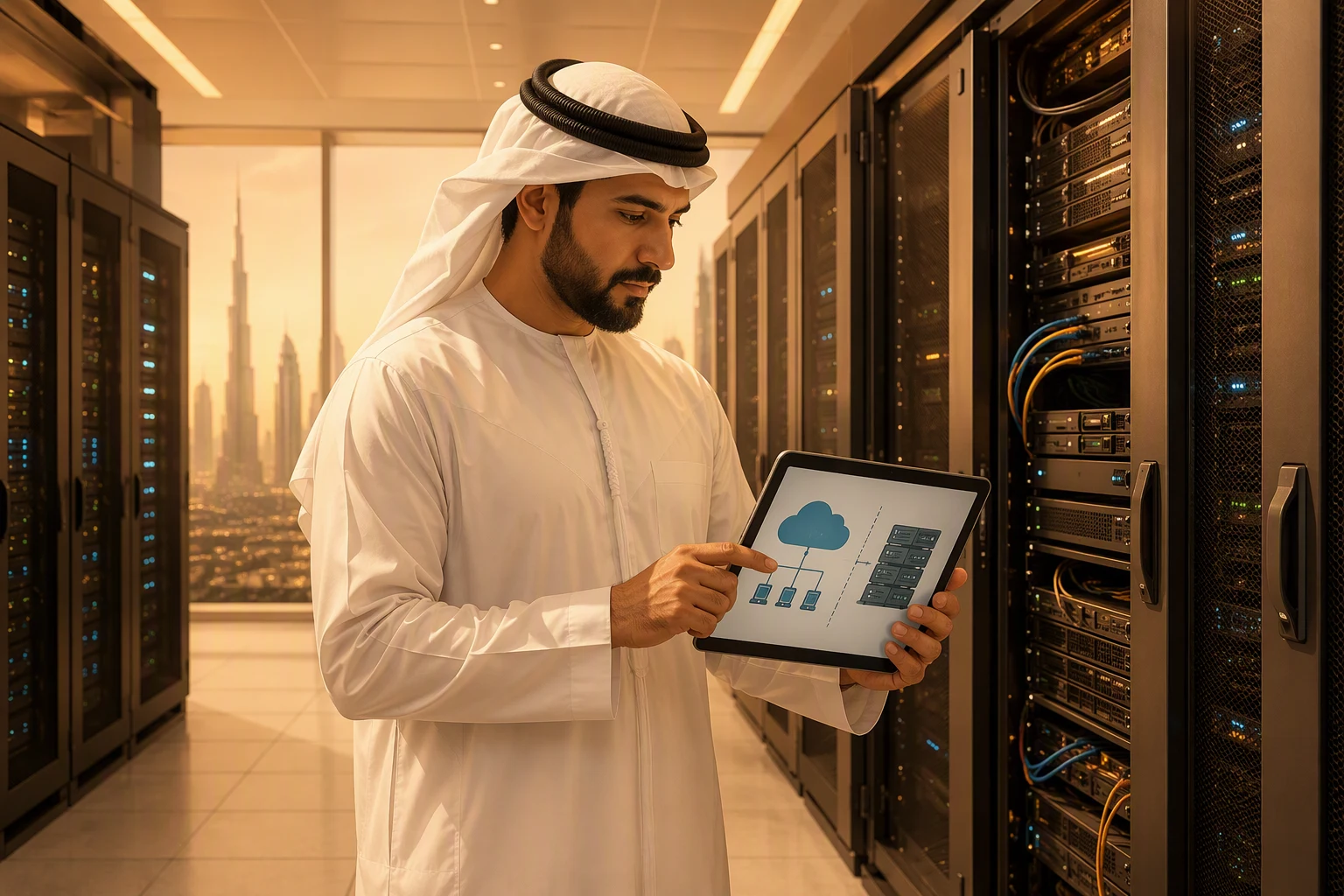 Engineer checking a cloud versus on-premise deployment plan in a UAE data center