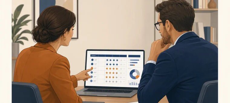 Two people reviewing a vendor evaluation scorecard with checkmarks across multiple criteria